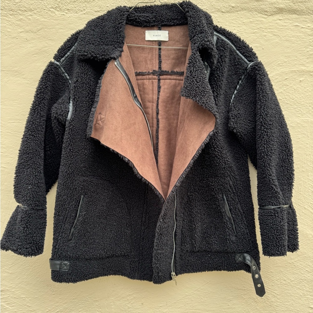 Vince women’s black zip front Sherpa jacket coat suede lined size medium